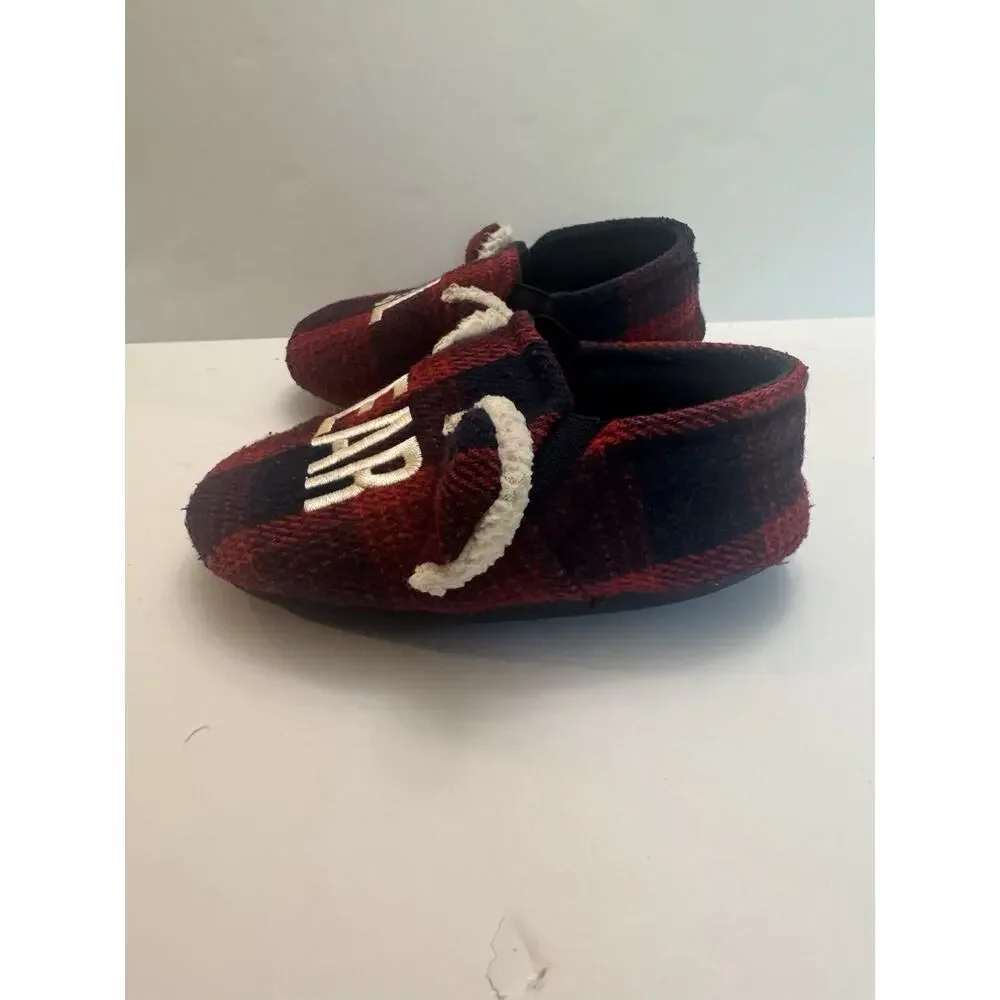 Dearfoams Lil Bear Buffalo Plaid Slippers Kids Size 7-8 Red Black Cozy